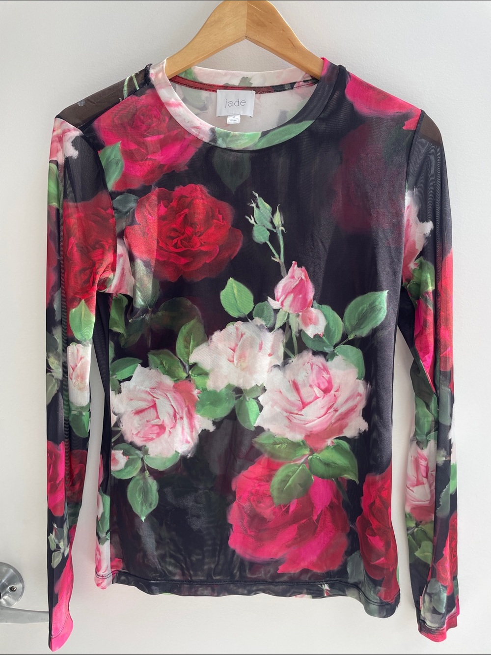 Johnny Was Jade  Black Mesh Long-Sleeve Top with Pink & Red Roses size Medium